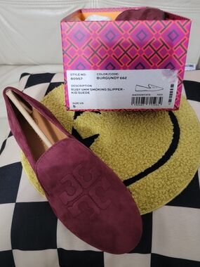 Tory Burch Ruby Suede Smoking Slipper in Burgundy